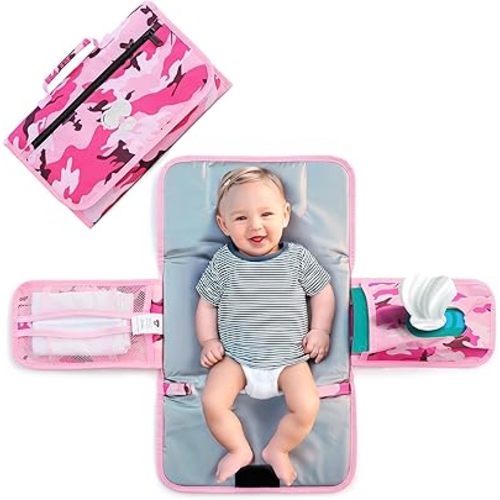 Pink Baby Camo Portable Diaper Changing Pad Waterproof Foldable Travel Mat with Pockets Soft Oxford Fabric Lightweight Compact Changing for Parents Multiple Pockets for Storage