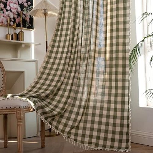 Green Checkered Curtains with Tassel 84 Inches Length 2 Panels Light Filtering, Classic Country Farmhouse Gingham Bohemian Window Curtain Panels for Bedroom Living Dining Room Kitchen Dorm