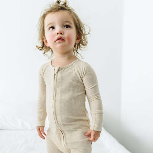 0-3 mo Heather Oatmeal Ribbed Zippy - Little Sleepies