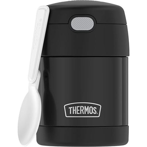 THERMOS FUNTAINER Insulated Food Jar, 10 Ounce, Kid Friendly Food Jar with Foldable Spoon, Black
