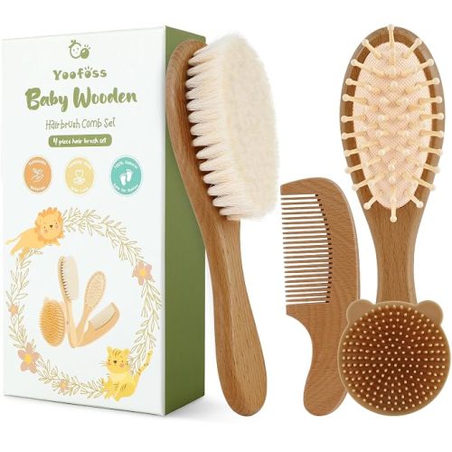 Yoofoss 4 Piece Baby Hair Brush and Comb Set，Wooden Baby Hair Brush with Natural Ultra Soft Goat Hair, Baby Comb Set for Boy, Girl - Pink