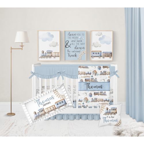 Train Crib Bedding Set, Baby Boy Crib Bedding, Travel Nursery, Personalized Baby Blanket, Train Nursery, Blue Crib Bedding, Train Crib Sheet