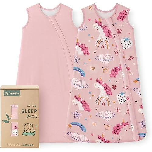 Yoofoss Rayon Made from Bamboo Baby Sleep Sack 0-6 Months TOG 0.5 Baby Wearable Blanket, Super Soft Infant Toddler Sleeping Sack 2-Way Zipper, Pink&Unicorn