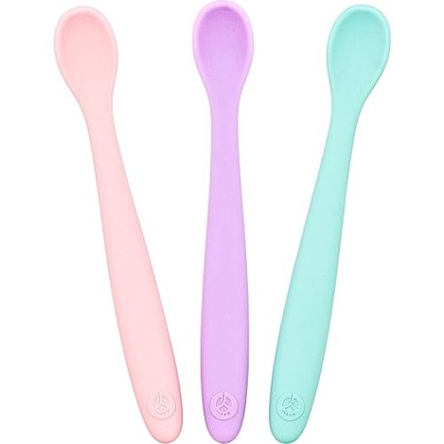 WeeSprout Silicone Baby Spoons - First Stage Infant Feeding Utensils With Soft-Tip, Bendable Kitchenware for Parent & Self-Feeding, Ultra-Durable, Dishwasher Safe, Travel Case, Set of 3