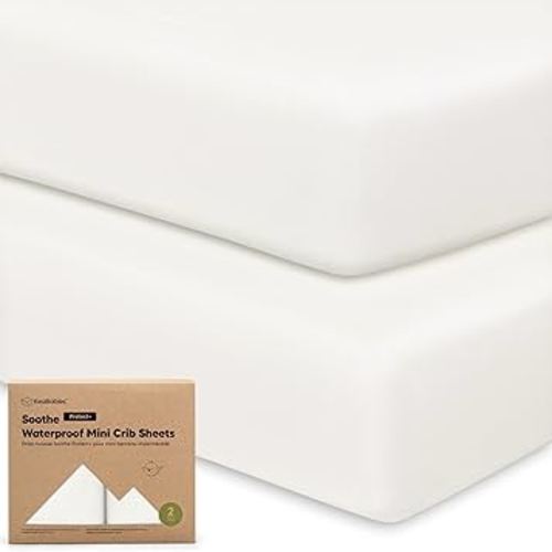 2 Pack and Play Sheets, Waterproof Mini Crib Sheets Fitted - 38x26 Organic Cotton Pack N Play Sheets for Graco Pack and Play Mattress, Playard Baby Crib Sheets,Neutral for Boy,Girl,Toddler(Soft White)