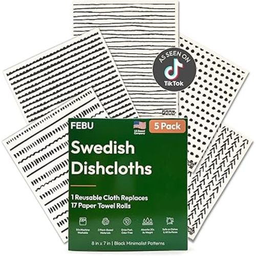 FEBU Swedish Dishcloths for Kitchen | 5 Pack Black Minimalist Reusable Paper Towels Washable | Swedish Dish Towels | Non-Scratch Cellulose Sponge Cloths | No Odor, Biodegradable Cleaning Cloths