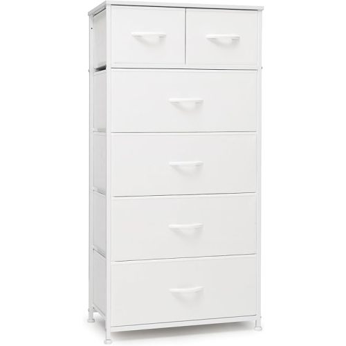Crestlive Products Tall Dresser for Bedroom Vertical Skinny Dresser - Sturdy Steel Frame, Wood Top, Easy Pull Fabric Bins- Organizer Unit for Bedroom, Entryway, Closets - 6 Drawers (White)
