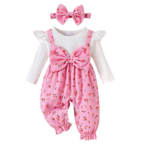 Wxirdiow Rompers for Toddlers Girls Baby Girl Outfit Print Footie Long Sleeve Zipper Jumpsuit + Headband Newborn Clothes Pink Size,3-6 Months