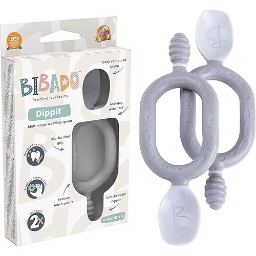 Bibado - Dippit Baby Spoon and Dipper, Mist (2-Pack) - Soft, Chewable Dipper & Deep Spoon - Two-Hand, Sensory Grip - Toddler Utensils - Baby Led Weaning Supplies - Baby Essentials - 6 Months+