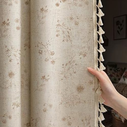 Boho Floral 100% Blackout Curtains 84 Inch 2 Panels Beige
