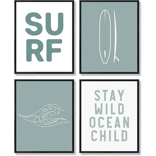 ULEGIE Surf Poster, Surfboard Wall Art Decor, Stay Wild Ocean Child Wall Art Prints Set of 4, Beachy Room Coastal Beach Kids Room Nursery Wall Decor, 8x10 Inch Unframed