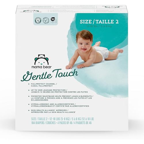 Amazon Brand - Mama Bear Gentle Touch Baby Diapers, Size 2, 184 Count (4 packs of 46), Leak Protection, Wetness Indicator, Fragrance-Free, Chlorine-Free