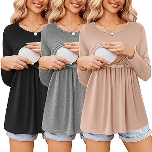 Ekouaer Women's Nursing Tops Long Sleeve Nursing Shirts Double Layer Maternity Clothes 3 Packs Breastfeeding Shirts