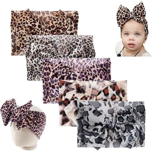 Nishine 5PCS Baby Girls Soft Wide Leopard Hair Turban Head Wraps Kids Stretchy Knotted Bows Headband for Children Hair Accessories Infant Headwraps