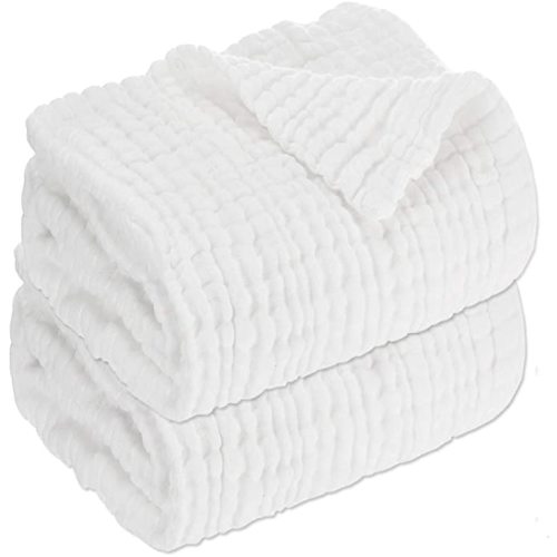 Aablexema Baby Muslin Bath Towels - Set of 2 Large Size 43X43 Inches Swaddle Blanket for Newborn Toddlers Boys Girls (White)