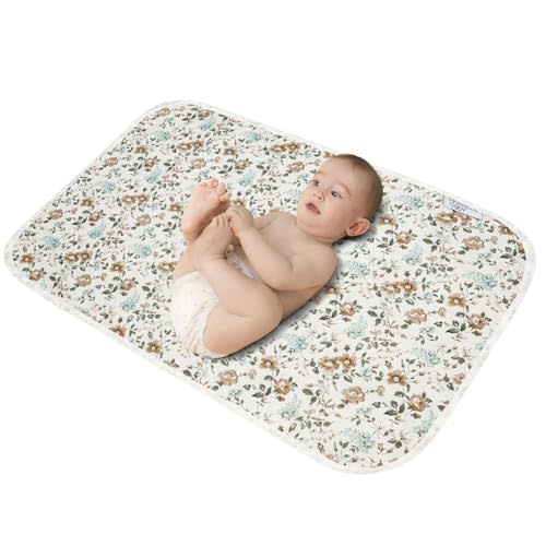 Baby Diaper Changing Pad, 21 5/8" x 31.5" Waterproof Changing Pad Liners - Reusable Soft and Absorbent Portable Changing Mat(Blue Flower1PCS)