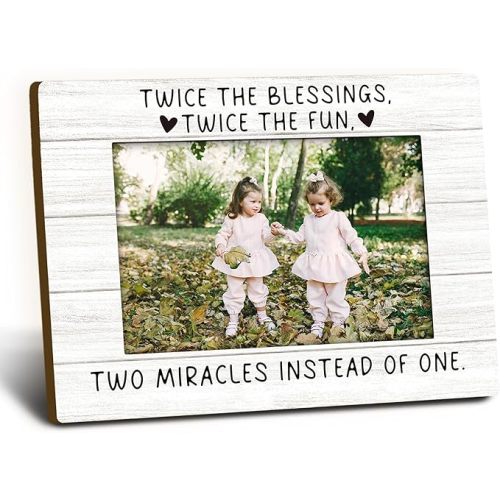 Twin Baby Gifts Picture Frame 4x6, Twin Mom Gifts Wooden Picture Frame, Twins Must Haves for Newborn, Twice The Blessings Twice The Fun Decorative Photo Frames for Table Desk Decor