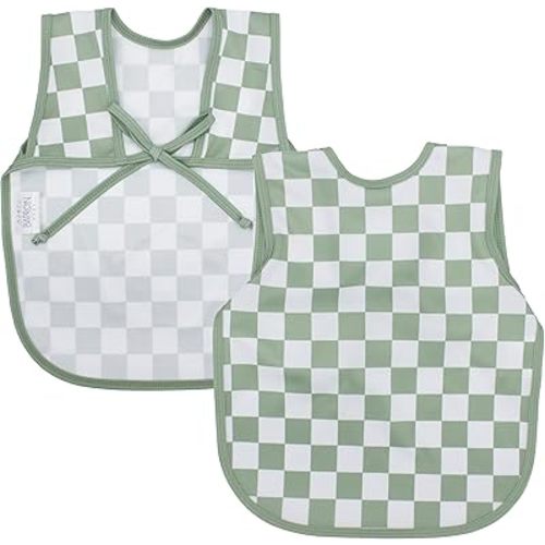 BapronBaby Sage Checkerboard Bapron - No Neck Tie Safer Bib for Baby & Toddler - Soft Waterproof Stain Resistant - Machine Washable - Sz Baby/Toddler 6m-3T
