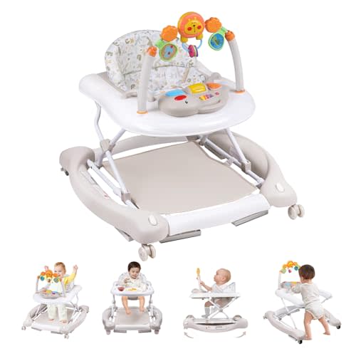 RefoereBabe Baby Walker, 5 in 1 Baby Walkers for Boys Girls 6-12 Months, Foldable Walkers for Babies with Bouncer & Feeding Tray, Music, Adjustable Heights, Activity Walker for Infant