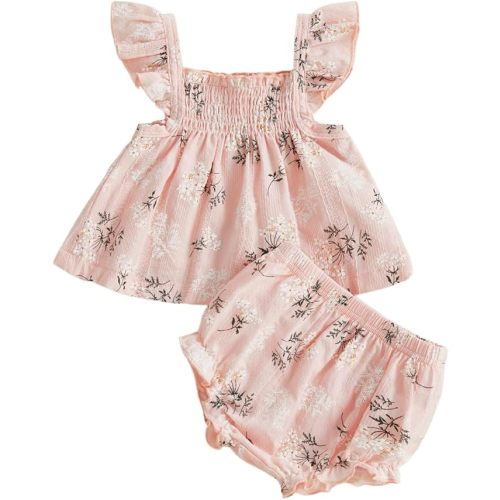 Hnyenmcko Infant Toddler Baby Girl Summer Clothes Floral Ruffle Sleeve Shirt Dress Tops and Bloomers Shorts Set Cute Outfits