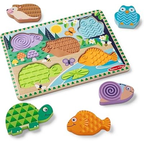 Melissa & Doug Forest Friends Touch & Feel Wooden Puzzle, 5-Piece Chunky Toddler Puzzles with Animals & Textured Silicone Puzzle Board Inlays, Preschool Toys for Girls & Boys Ages 2 and Up