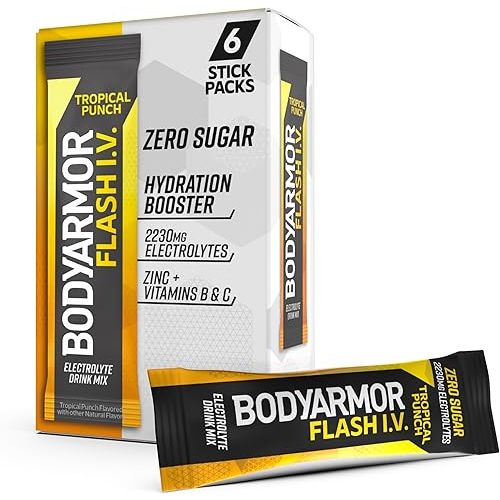BODYARMOR Flash IV Electrolyte Packets, Tropical Punch - Zero Sugar Drink Mix, Single Serve Packs, Coconut Water Powder (6 Count)
