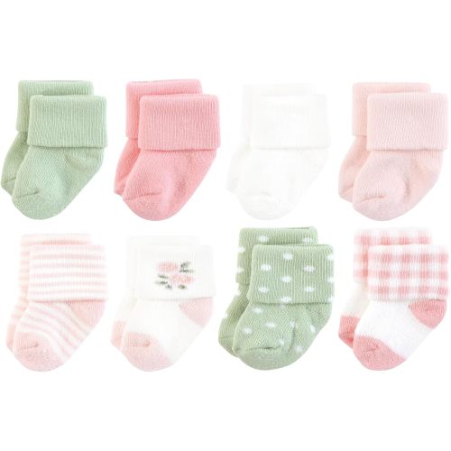 Hudson Baby Infant Girl Cotton Rich Newborn and Terry Socks, Pink Sage Rose, 0-6 Months