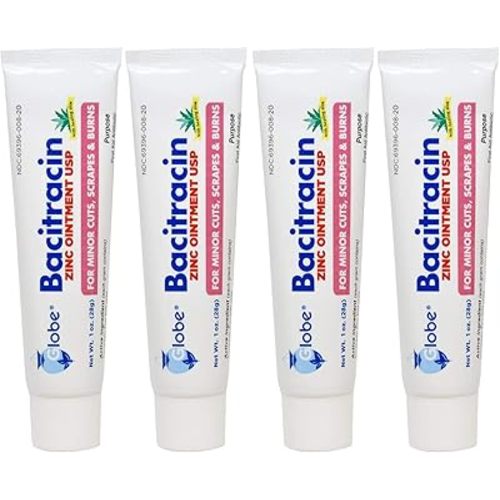 (4 Pack) Globe Bacitracin Zinc Ointment + Aloe 1oz, Antibiotic Ointment, Essential Antibiotic First Aid Supplies, Healing Action, Maximum Antibiotic Power, Prevents Infection in cuts, scrapes, Burns