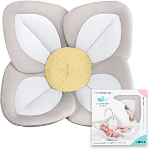 Blooming Bath Lotus Baby Bath Seat - Plush Minky Baby Sink Bathtub Cushion - The Original Washer-Safe Flower Seat for Newborns - Gray/White/Yellow