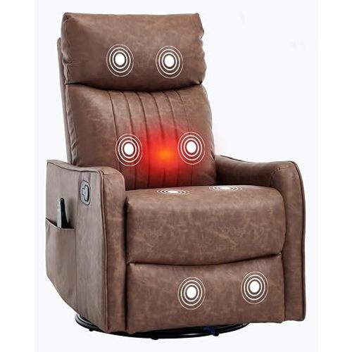 PELUMY 360 Swivel Rocking Recliner Chair for Adults, Nursery Rocking Chair with Heat and Massage, Glider Reclining Chair for Small Space, Living Room, Bedroom (Breathable Leather, Brown)