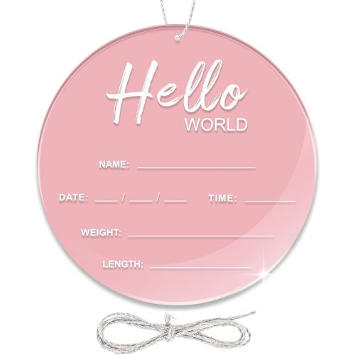 Baby Announcement Sign, 6.7 Inch Hello World Newborn Sign, Thickness Upgrade Baby Birth Sign for Nursery Hospital Newborn Photo Props Essentials (Pink)