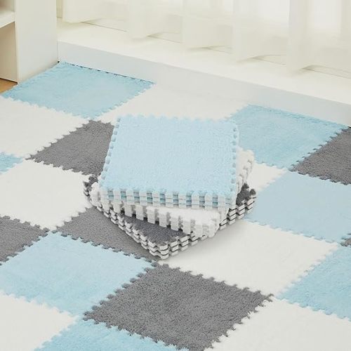 Amylove 36 Pack Plush Foam Floor Mat Square Interlocking Carpet Tiles with Border Fluffy Play Mat Floor Tiles Soft Climbing Rugs for Bedroom Playroom, 12 x 12 x 0.4 in(White, Gray, Light Blue)