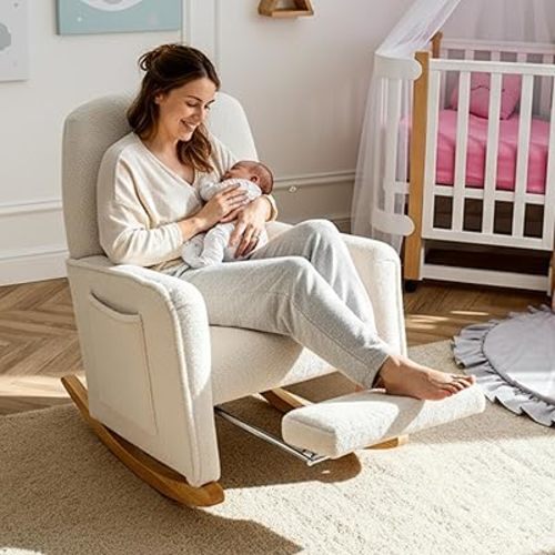 FOXHUNTER Rocking Chair Nursery with Adjustable Footrest and High Backrest, Upholstered Glider Chairs with Side Pockets for Nursery, Rocker Armchair Indoor for Living Room,White