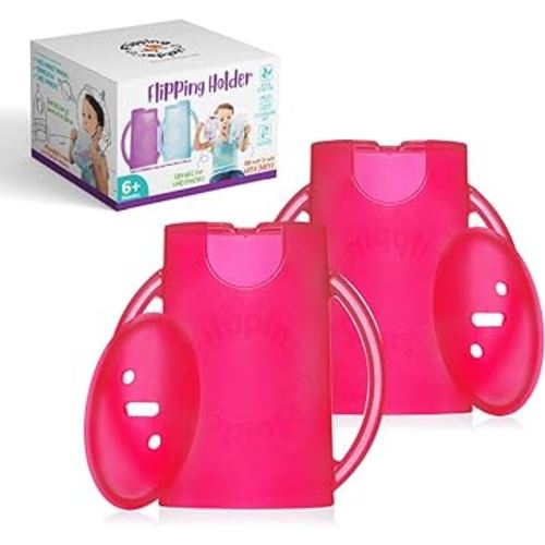 Flipping Holder Squeeze Proof Pouch Holder (2-pack with lids) for Food Pouches & Juice Boxes - Multipurpose - Prevent Messes & Support Self-Feeding - Easy Grasping Handles - Made in USA