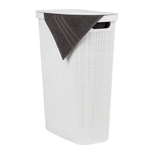 Mind Reader Slim Laundry Hamper with Lid, 40L Clothes Basket, Linen Design, Plastic, White