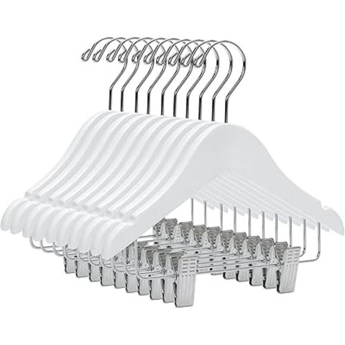 Quality Wooden Baby Hangers with Clips | 20 Pack | 10' Pant & Skirt Hangers with 360-Degree Swivel Hook & Nonslip Notches | Suitable for 0-3 Years (White, 20)