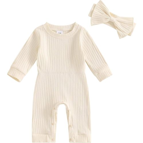 Newborn Baby Girl Fall Outfits Long Sleeve Ribbed Romper Jumpsuit with Headband Set Infant Girl Clothes