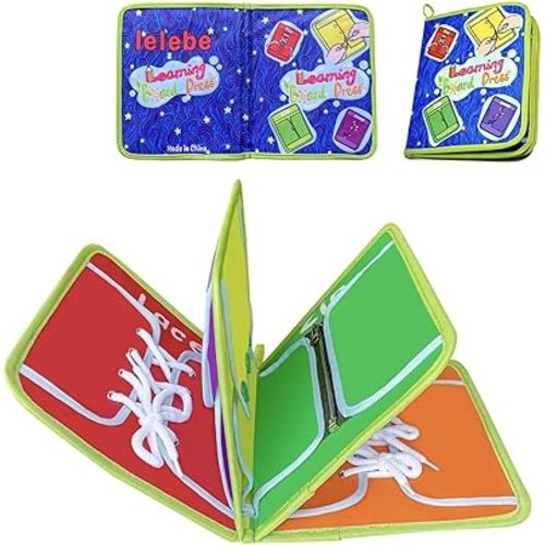 Toddler Busy Board Toddler Early Learning Toys Basic Life Skills Learn to Dress Board Book - Zipper, Snap, Button, Buckle, Lace & Tie