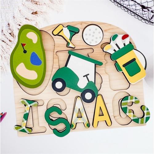 Personalized golf name puzzle green and gold, Wooden Name Puzzle, Personalized Name Puzzle, Baby shower gift, Toddler name puzzle