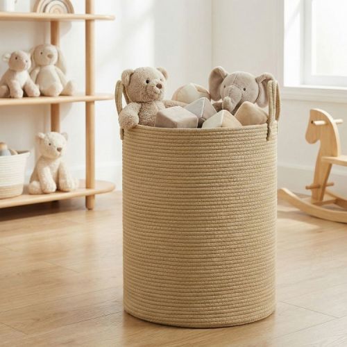 LEDREM Tall Woven Rope Laundry Basket, 13.2 Gal Storage Bin for Blankets Toys Clothes, Cotton Rope with Handles, Yellowish Brown