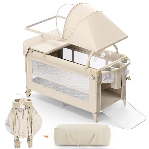4 in 1 Foldable Pack and Play with Bassinet and Changing Table, Bedside Crib Sleeper with Mattress, Mosquito Net and Toy Bar for Newborn to Toddler, Beige