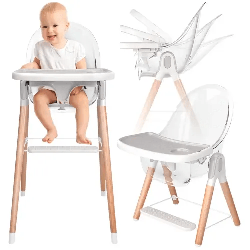 Children of Design 6 in 1 Deluxe Wooden High Chair for Babies & Toddlers, Modern Safe & Compact Baby Highchair, Easy to Clean & Assemble, Removable Tray, 6 Options 3 Seat Positions 2 Heights (Clear)
