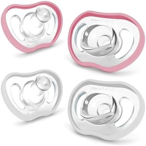 Nanobebe Active Baby Pacifiers 4-36 Months - Orthodontic, Lightweight and Vented, Curves Comfortably with Face Contour, 100% Silicone - BPA Free, Perfect Baby Registry Gift 4pk, White/Pink