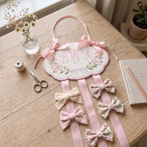 Personalized Bow Holder for Girls, Monogram Hair Bow Organizer, Embroidered Baby Girl Nursery Decor, Custom Baby Shower Gift