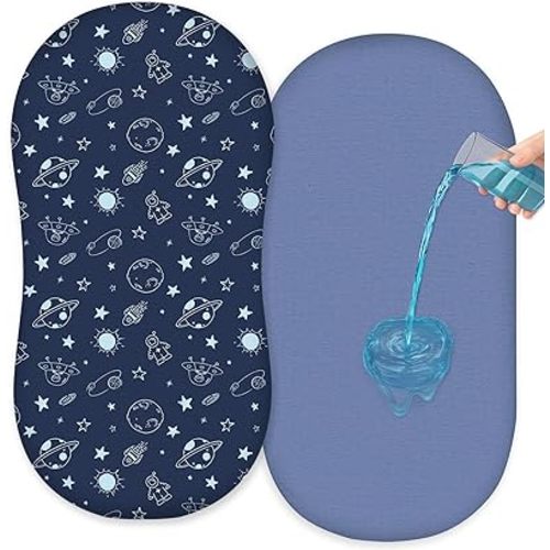 FIOBEE Baby Bassinet Sheets for Girls Boys 2 Pack Waterproof Bassinet Mattress Elastic Fitted Crib Sheets Universal Fit for Hourglass Oval and Rectangle Bassinet Sheet, Deep Blue & Light Blue