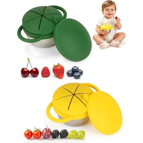 2 Pack Stainless Steel Snack Cups for Toddlers Spill Proof Baby Snack Containers, BPA Free, Dishwasher Safe, Reusable Food Storage for On the Go Travel, Daycare (Green+Yellow)