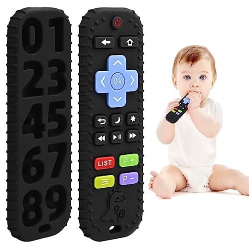 Teething Relief Teethers Toys for Babies 3-6-12 Months Gifts, Food Grade Silicone Sensory Baby Remote Control Teether Bath Toy for Newborn Infant Boy Girl Autism Birthday Christmas Gift, Black