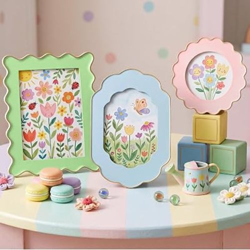 3 Pack Colorful Wave Scalloped Cute Resin Photo Frames with Gold Side for 5x7 4x6 4x4 Pictures, Blue Pink Green Scalloped Border for Wall or Tabletop Kids Room Funny Decor
