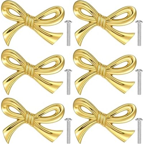 6 Pcs Bow Gold Dresser Knobs, Brass Gold Bow Knobs Vintage Drawer Pulls Decorative Hardware Handles for Dresser Home Bedroom Kitchen Cabinets Cupboard Wardrobe