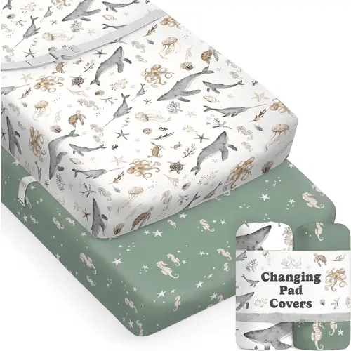 Baby Changing Pad Cover 2-Pack for Boys, Girls (Ocean Odyssey) - Premium Fitted Sheets Baby Diaper Changing Table Cover - Buttery Soft Cotton Blend